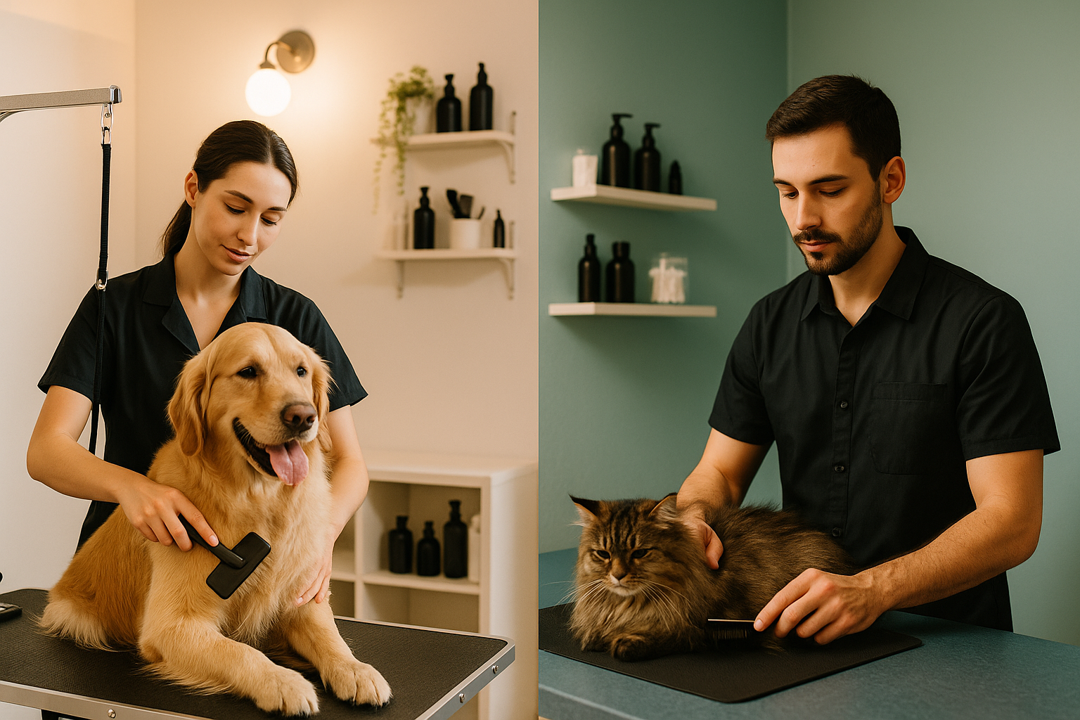Two groomers working in a bright, well-organized salon, one with a dog, one with a cat in a separate area