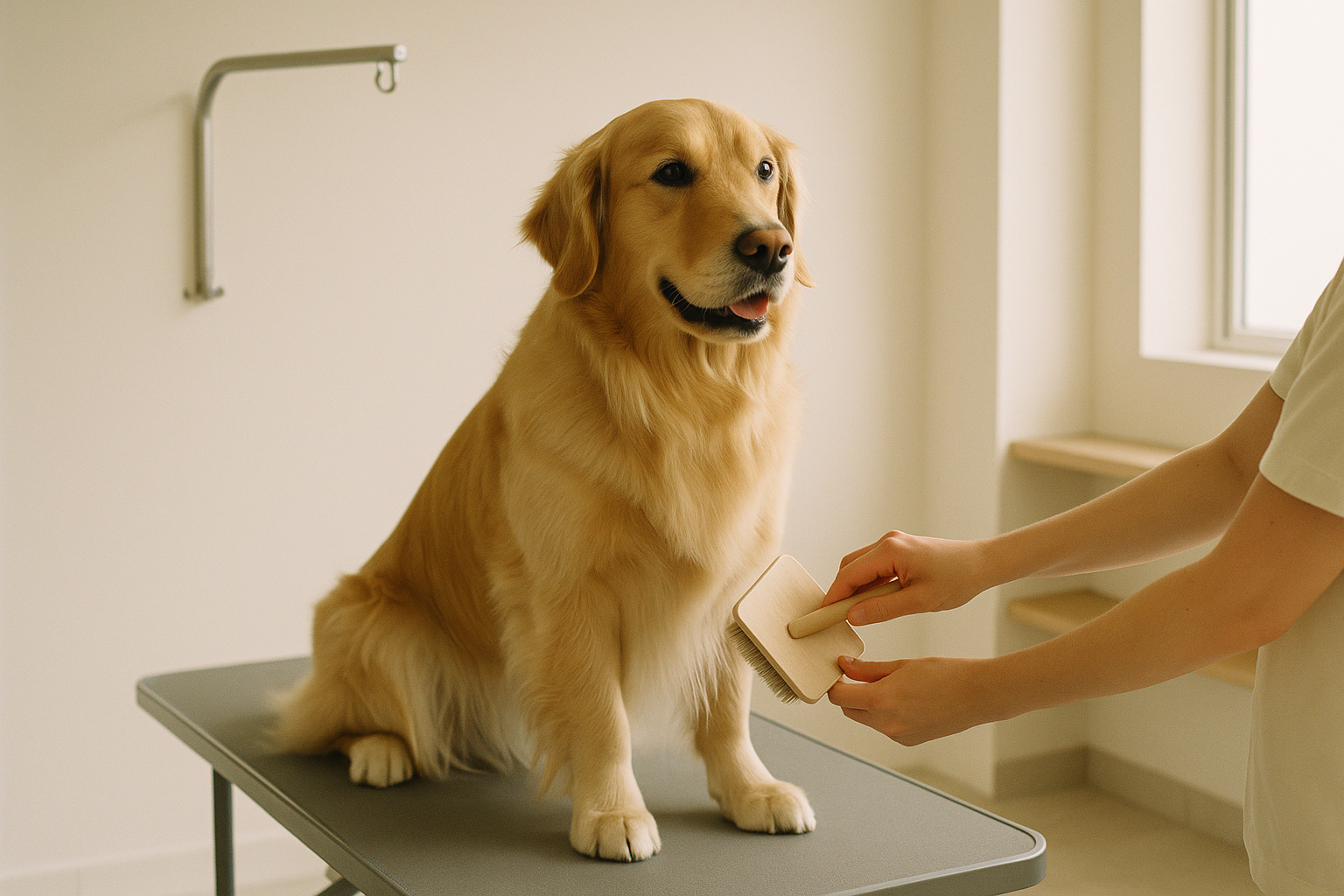 A calm, well-lit grooming salon interior with a golden retriever being carefully groomed