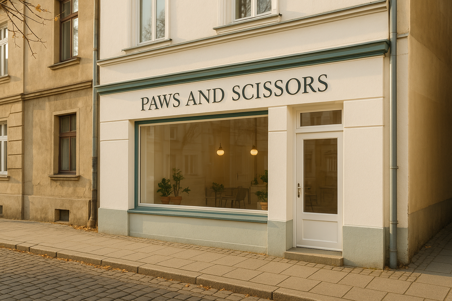 Street view of the Paws and Scissors salon building in Bydgoszcz